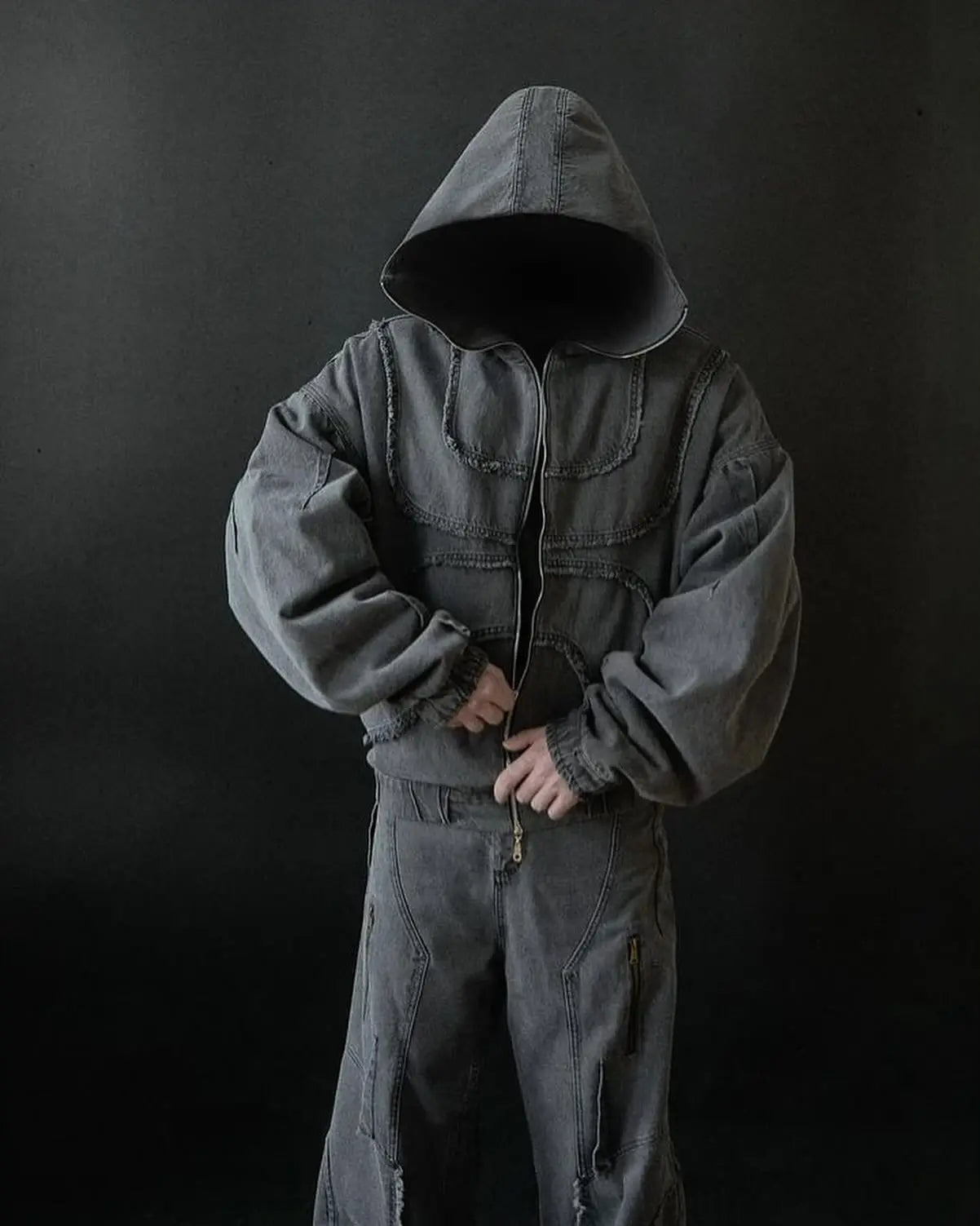 Washed Denim Jacket Y2K American Double Zipper Stitching Flanging Design Streetwear Gothic High Street Oversized Unisex Pullover