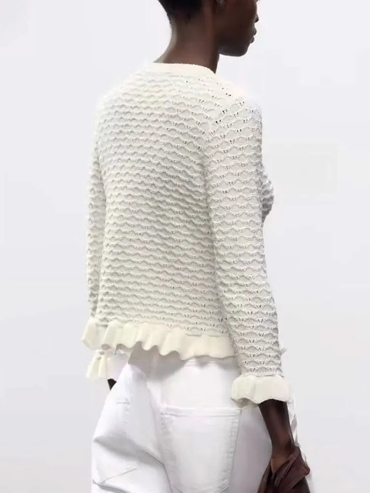 GACVGA Rüschen Strickjacke Chic - Slim Fit, 3/4-Ärmel, M