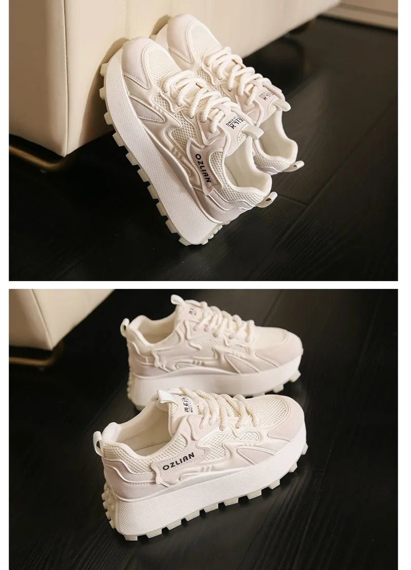 Women‘s Trendy Color-blocked Brand Design Thick-soled Sneakers 2024 Spring and autumn New  Lace-up Mesh Breathable Tennis Shoes