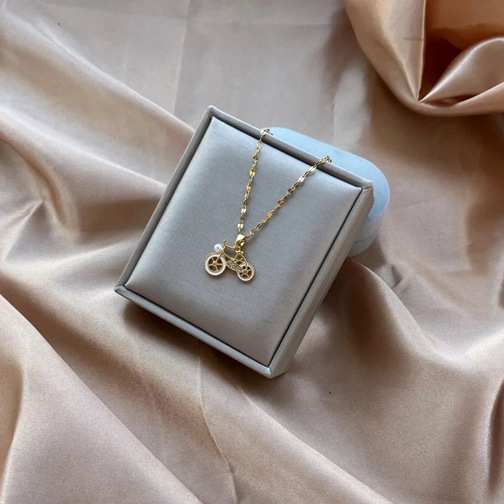 Exquisite Bike Bicycle Pendant Necklace White Enamel Fake Pearl Jewelry Fashion Women Chain Necklaces Gold Color Choker Gift 1PC