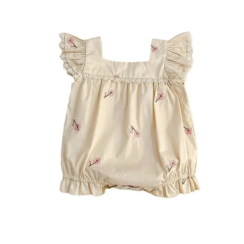 New Summer Collection: Newborn Girls' Lace Flutter Sleeve Embroidered Floral Cotton Jumpsuits, Adorable Infant Bodysuits