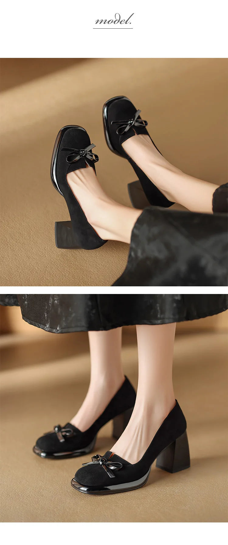 Women Shoes  Spring Retro High Heels Butterfly Knot Square Heel Faux Suede Commuting Elegant 6-8cm Pumps Tacones Para Mujer