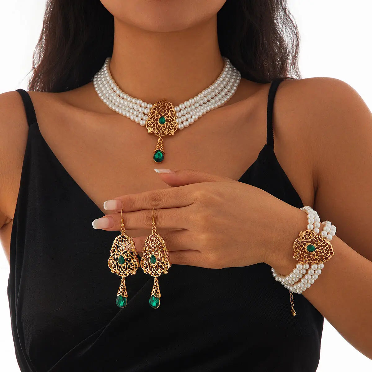 KunJoe Luxus Mehrschichtig Imitation Perlen Halskette Armband Ohrringe Frauen Wassertropfen Grün Strass Choker Hochzeit Schmuck Set