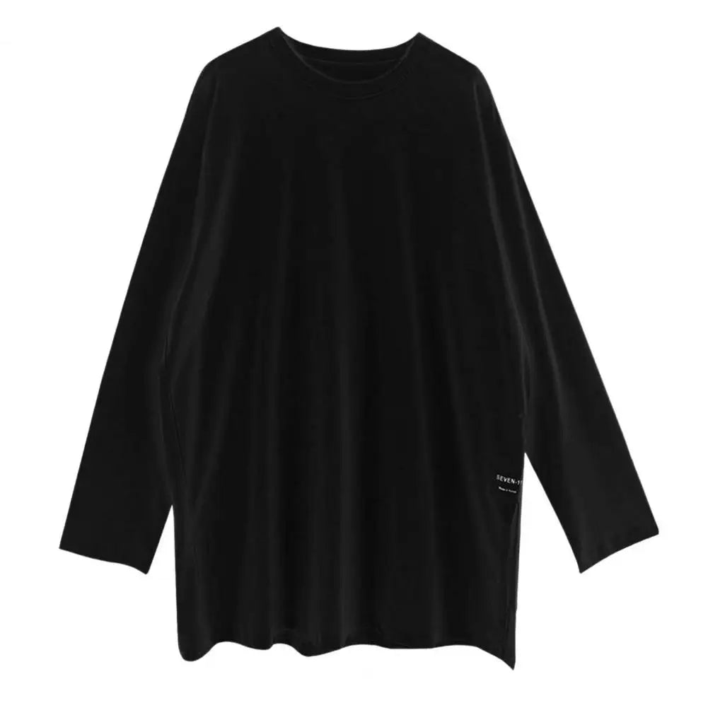 White Women T-shirt Round Neck Loose Long Sleeve Two Side Split Tee Shirt Pullover Spring Autumn Casual Loose t shirt Oversize