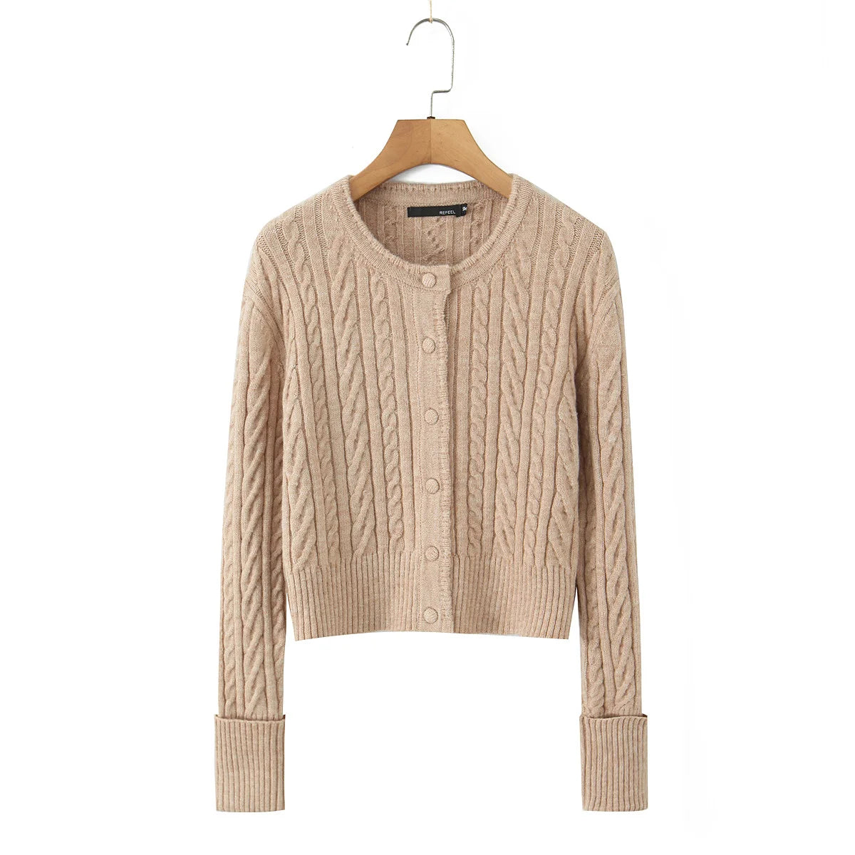 ZJOAN SHOWCN O-Neck Cardigan Set - Knopfverschluss Kurzrock Elastischer Bund Grau Khaki Größe Regular Extra-Heavy