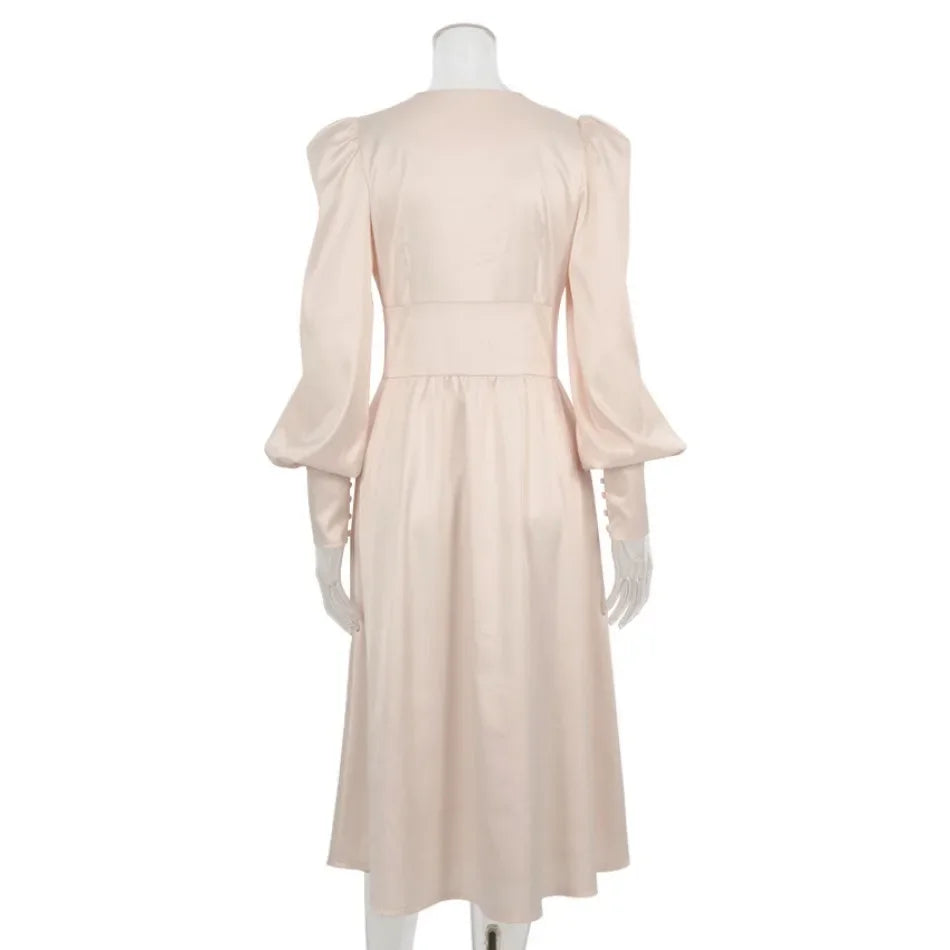 Elegante Mode Einreihig High Waist Satin Kleid - Midi Gr M