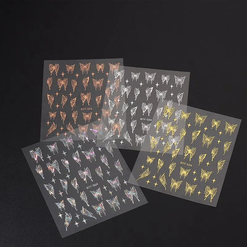 Mix 3 Sheets 3D Stickers for Nails Gold Sliver Rose Gold Laser Butterfly Moon Sun Adhesive Sliders DIY Nail Art Accessories