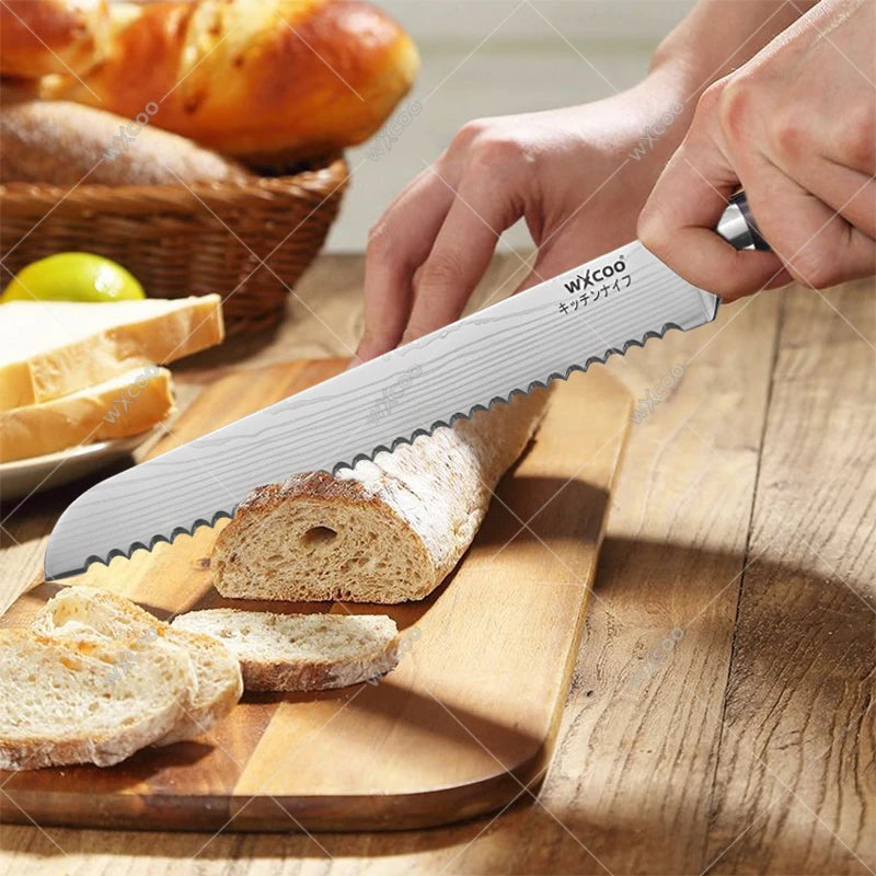WXCOO Professional Kitchen Chef Knife Damascus Steel Laser Pattern Santoku Knife Double Side Magnetic Kitchen Knife Block