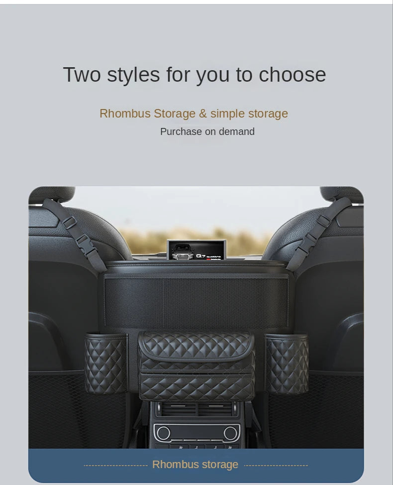 Geantă de depozitare din piele pentru scaunul auto, suport pentru geantă de mână auto de lux între scaune, buzunare pentru pahar de apă, depozitare și ordonare