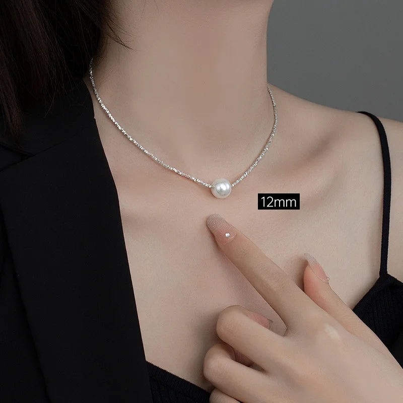 Sparkling 12mm Pearl Pendant Necklace For Women Girl 100% 925 Sterling Silver Choker Chain Wedding Birthday Party Gift Jewelry