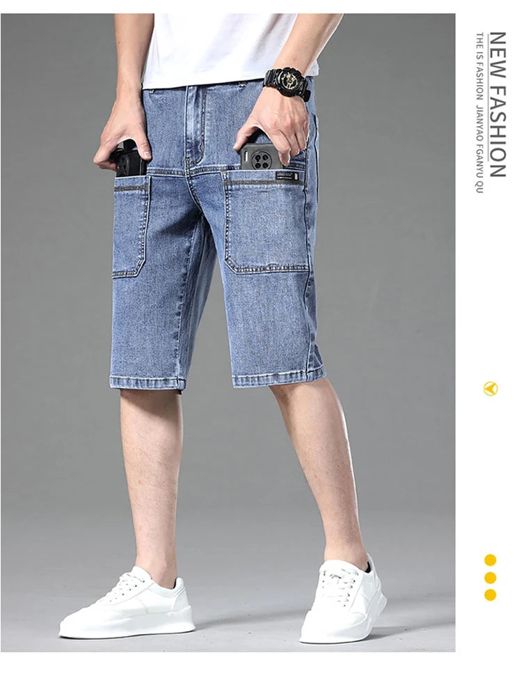Jeans men's pants Korean version trendy jeans slim fit fashion shorts trendy breathable spring/summer multi bag work clothes cro