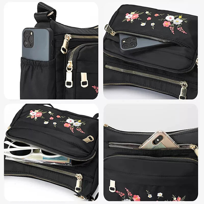 Casual Crossbody Backpack Ladies Oxford Cloth Shoulder Bag Fashion Embroidery Flower Zipper Travel Handbag