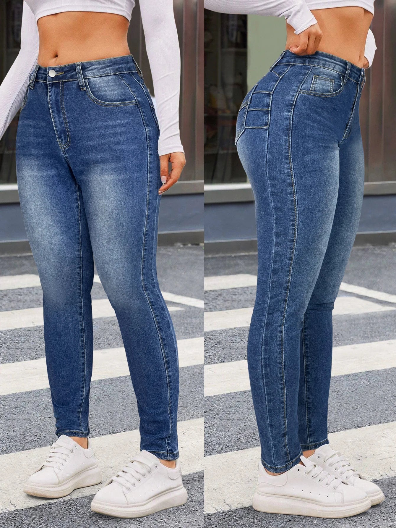 Washed blue skinny jeans, slim cut, elastic comfort fabric, daily commute wear, women's jeans and clothing