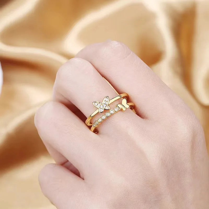 Exquisite Zircon Double Opening Butterfly Ring for Woman Fashion Jewelry 2025 New Wedding Party Luxury Accessories Rings Gifts