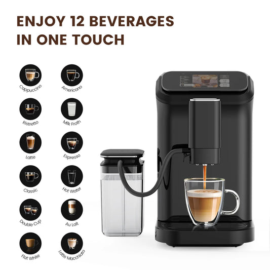 Mcilpoog WS-D5  Automatic Coffee Machine - Smart Wi-Fi , 12 Coffee Varieties, Touchscreen & Built-In Frother/1.5L Tank for Home