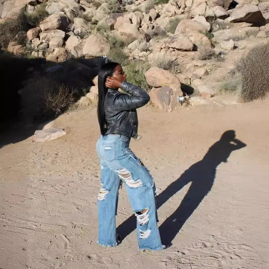 Jeans Women Long Pants Elegant Splice Denim Pant Slim Fit elegant Hole High Waist Button Pocket Straight Trousers Summer 2024