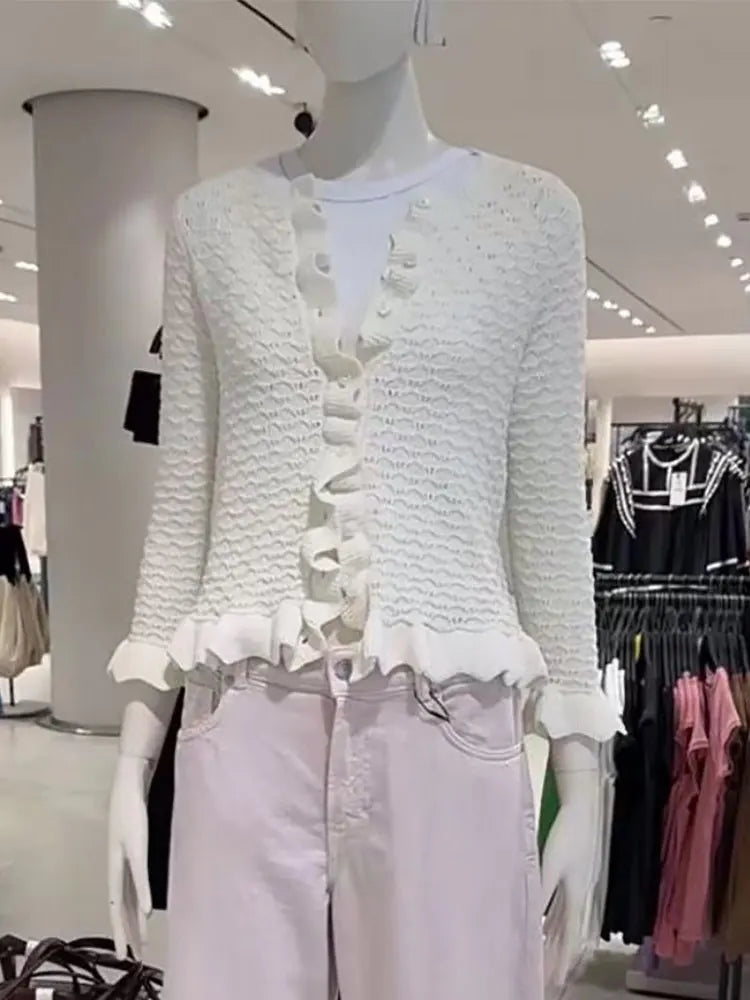 GACVGA Rüschen Strickjacke Chic - Slim Fit, 3/4-Ärmel, M