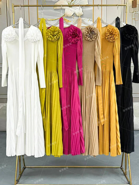 Elegant And Beautiful Dresses For Women Luxury Formal Evening Prom Gown Miyake Fashion Female Long Sleeve Dress Pleated Clothing - Golden Bridge Store