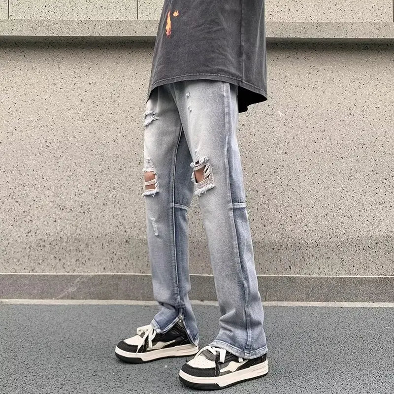 Herren Ripped Jeans 2025 - Summer Blue Loose Fit Hole Wide-leg Streetwear Denim