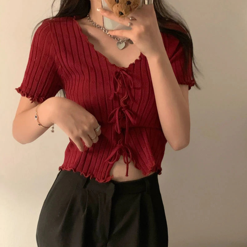 Knitted TShirt For Women V-neck Summer Simple Versatile Casual Crop Tops Bandage Ribbed Short Sleeve Women's Top T-Shirt Girl
