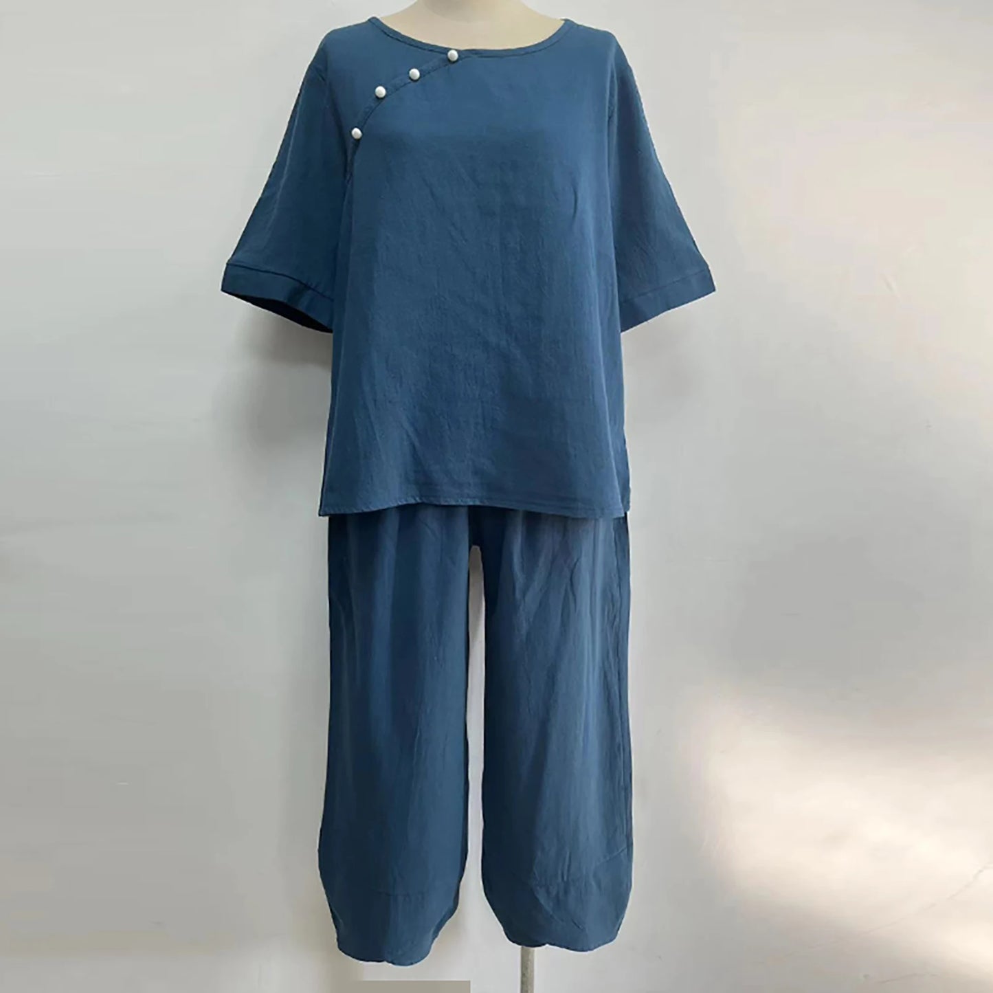 Elegant  Women Outfit Breathable Flower Pattern Blouse Trousers Half Sleeves Soft Blouse Pants Spring Clothes