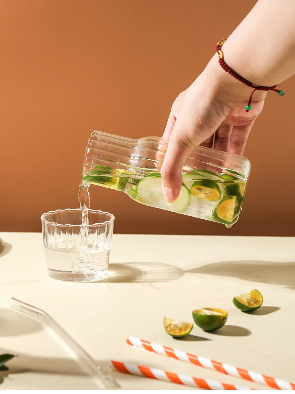 Glass Water Bottle with Glass Cup Set Drinkware Bedside Carafe with Tumbler Glasses Drinking Pitcher for Milk Beverage Tea