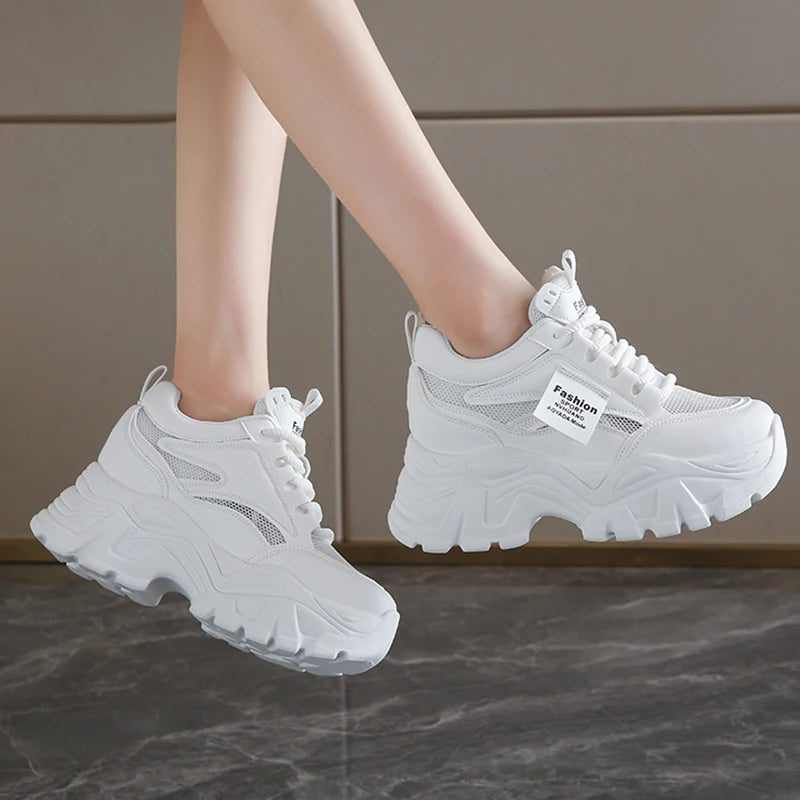 Whiet Breathable Chunky Sneakers Woman 2025 Spring Thick Platform Casual Sneakers Women Non Slip Lace Up Sports Shoes Female