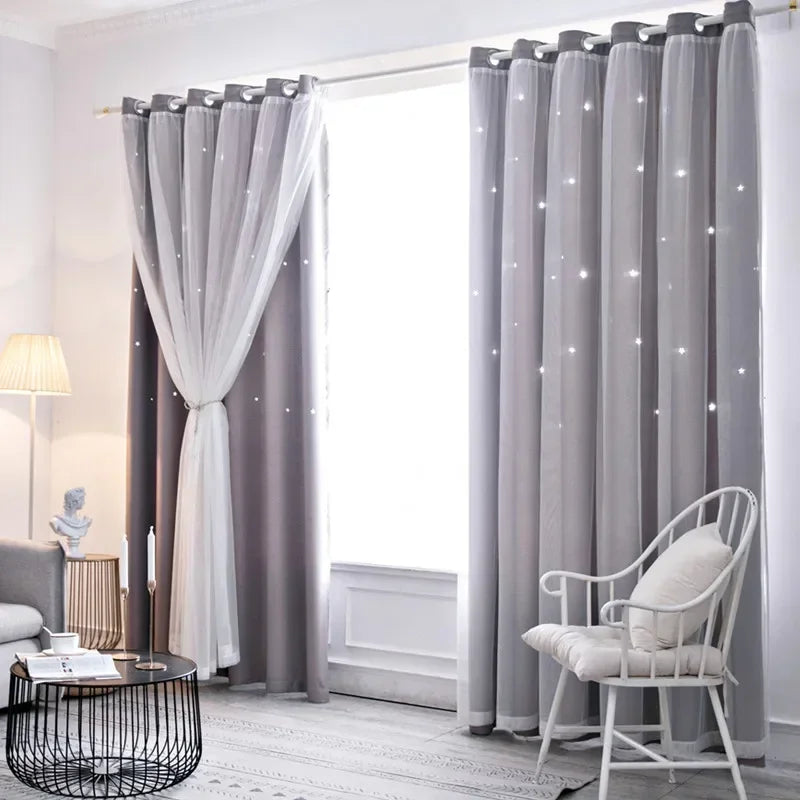 Blackout Curtains for Bedroom Double Layer Star Cutout Cute Curtain Grommet Top Window Curtain Panel for Living Room and Nursery