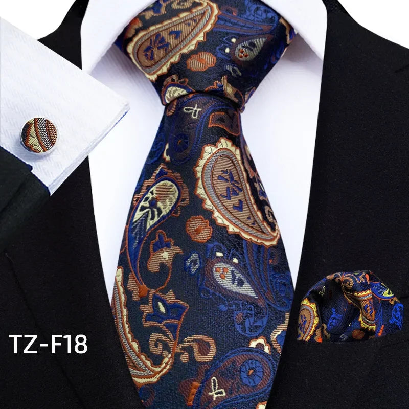 Luxury Mens Ties Floral Black Gold Ties Paisley Grid NeckTie Pocket Square Cufflinks Set Men's Wedding Party Tie