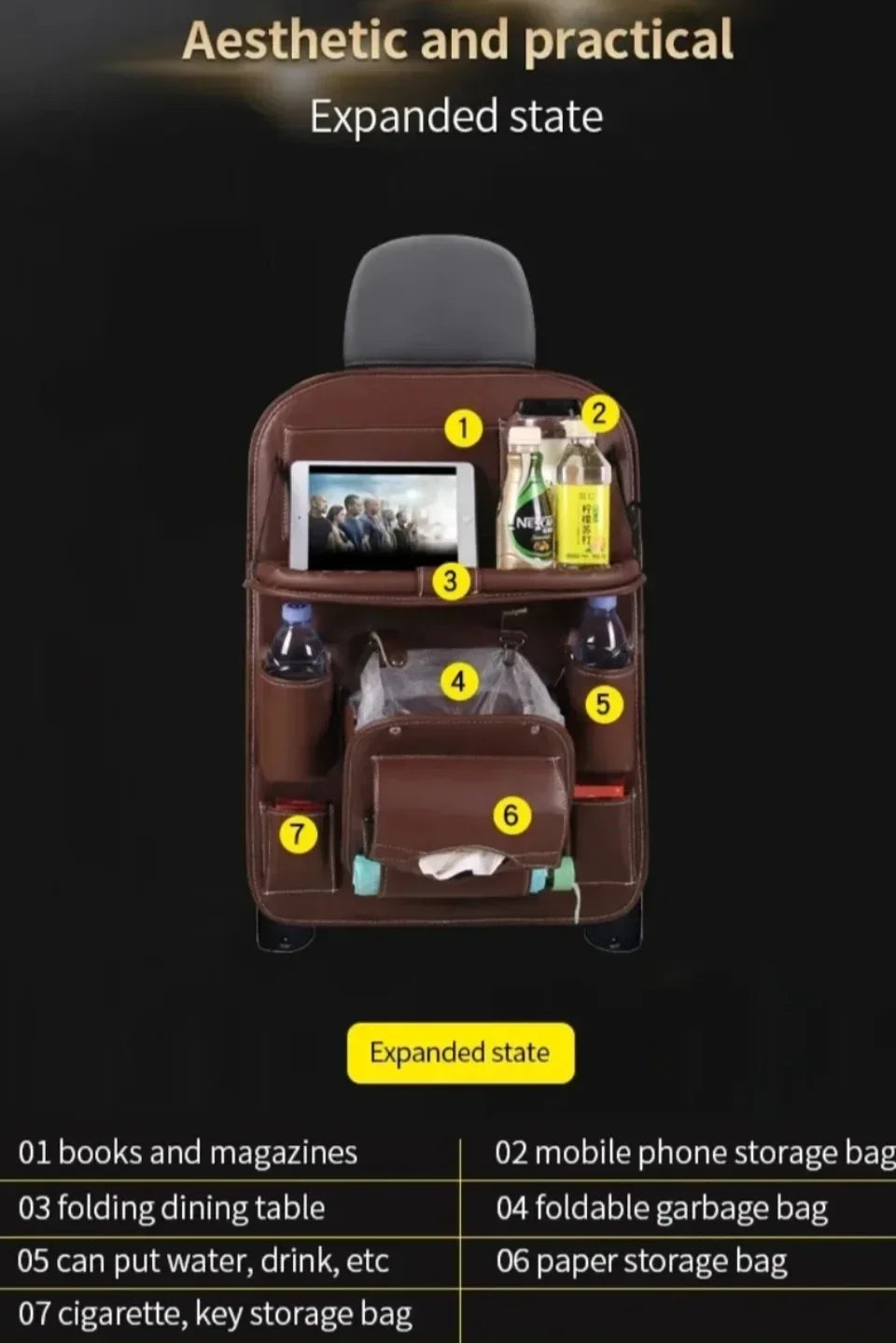 Seat Back Organizer Big Hanging Car Seat Storage Bag Garbage with Foldable Dining Tray Bin Capacity Multifunctional Trunk Back