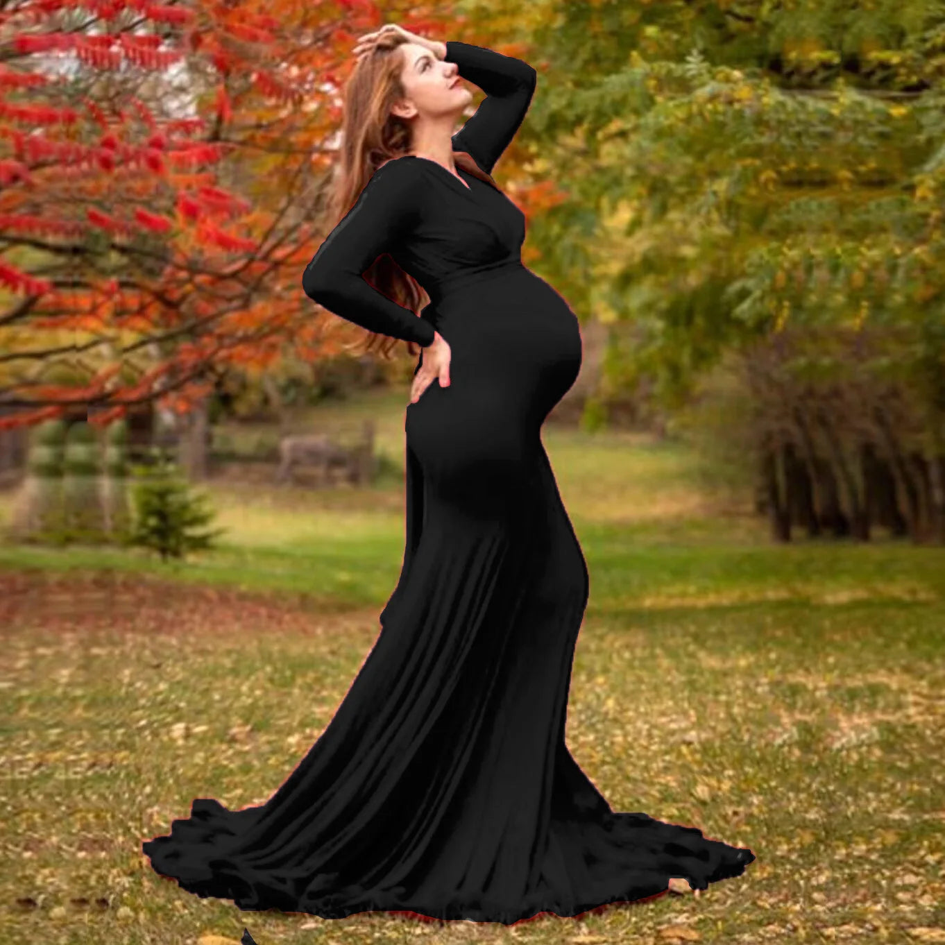 Rochie de maternitate pentru femei, primăvară-toamnă, elegantă, subțire, cu decolteu în V, mânecă lungă, tip sirenă, Maxi, pentru fotografie, ședință foto pentru bebeluși