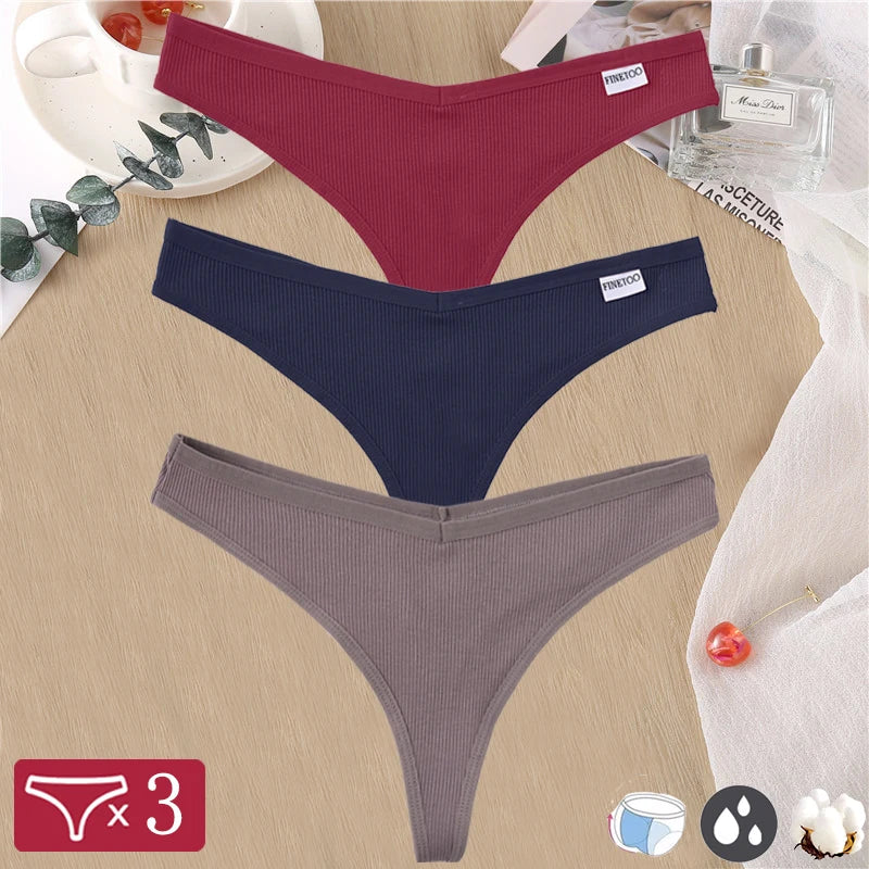 finetoo Damen Strings 2025 - 3er-Set Baumwoll-Strings V-Bund einfarbig & atmungsaktiv