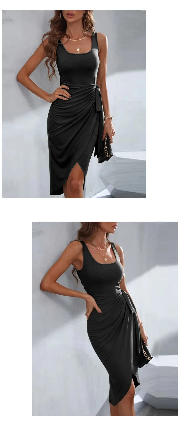 Elegant Office Lady Sundress for Women Black Lace Up Dress Spring Summer Irregular Strap Vest Dress Split Square Collar Outfit