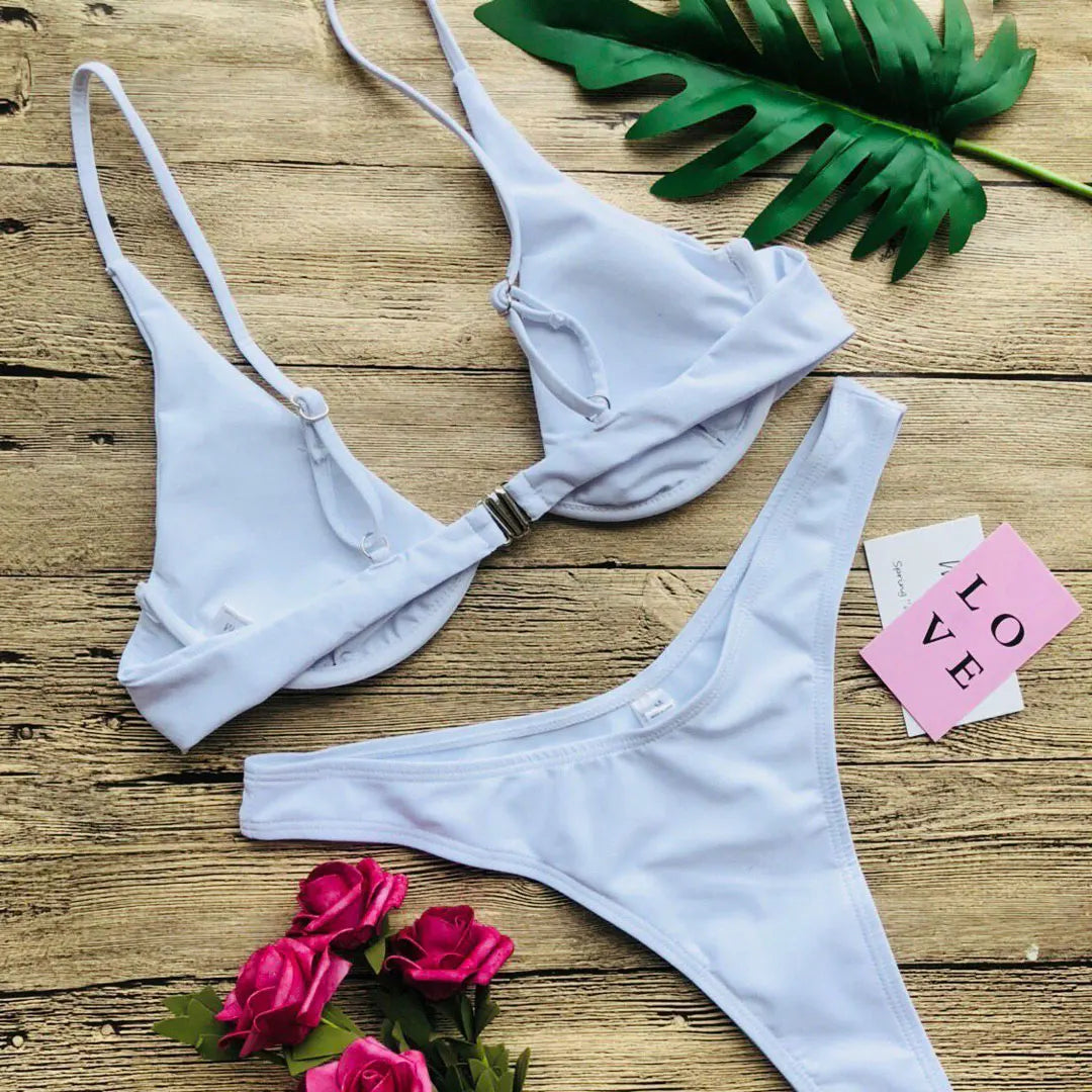 V-bar Bügel Bikini S-XL Damen Schwimmanzug Underwire-Technologie Low Waist Zweiteilig V-Form Bügel Polyester Spandex