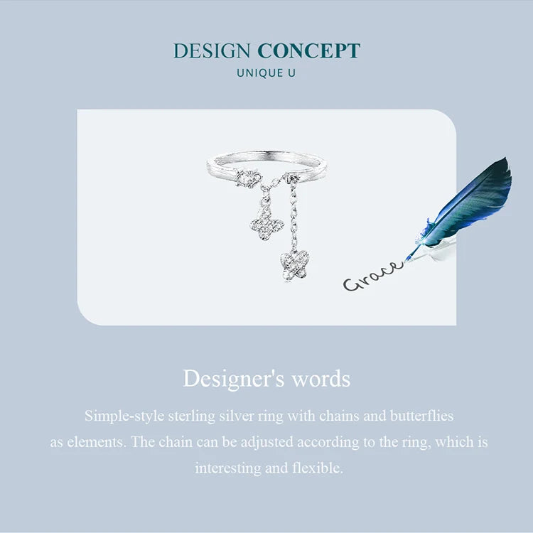 WOSTU 925 Sterling Silver Butterfly Link Open Rings pentru femei delicat strălucitor zircon reglabil inel Fine Party bijuterii cadou