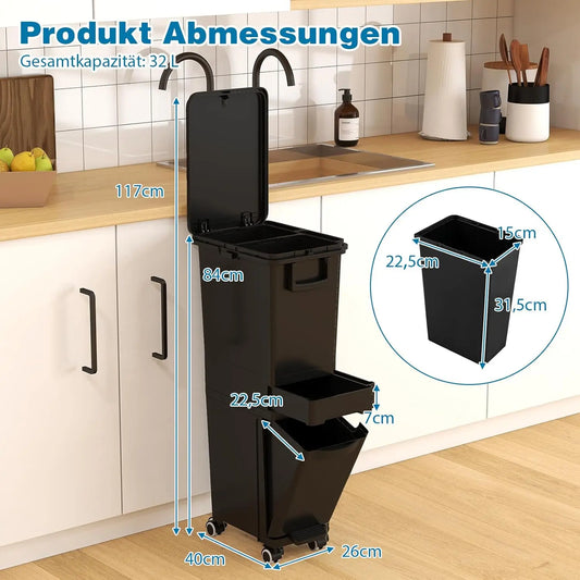 XIUWOM Dreikammer Mülleimer Bambus - 32L Rollen Deckel by Golden Bridge Store