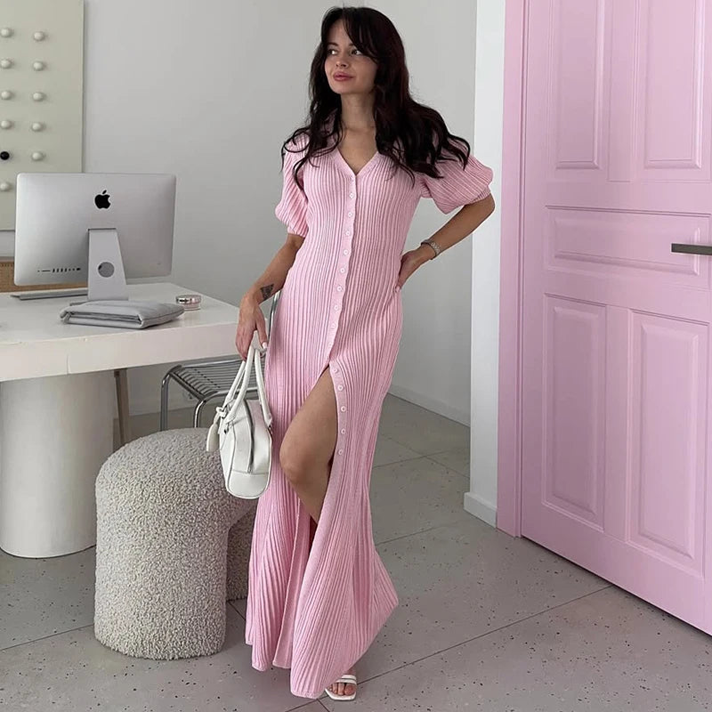 Rochie lungă tricotată Tornova cu mâneci bufante - Mărime universală, Material poliester spandex, Lungime gleznă