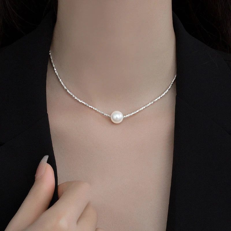 Sparkling 12mm Pearl Pendant Necklace For Women Girl 100% 925 Sterling Silver Choker Chain Wedding Birthday Party Gift Jewelry