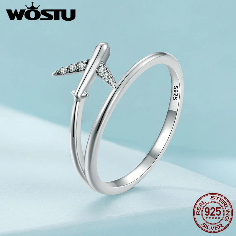 WOSTU 925 Sterling Silver Platinum Airplane Double Layer Rings Women Shining Zircon Airplane Ring Party Bijuterii Girl Holiday Gift