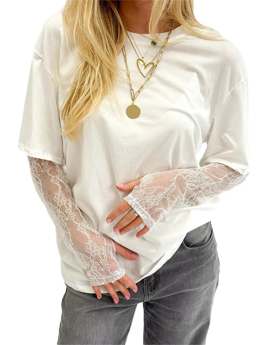 T-Shirt 2025: hirigin Women Round Neck T-Shirt Lace Long Sleeve Casual Shirts - Spring Fall Loose Fit Tops Ladies Solid Color Tee for Streetwear Y2K 00s Collection
