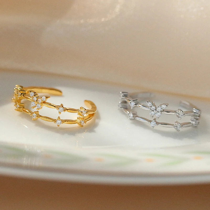 ANENJERY Silver Color Zircon Butterfly Double Layer Adjustable Ring For Women Light Luxury Shiny Accessories Girl Gift