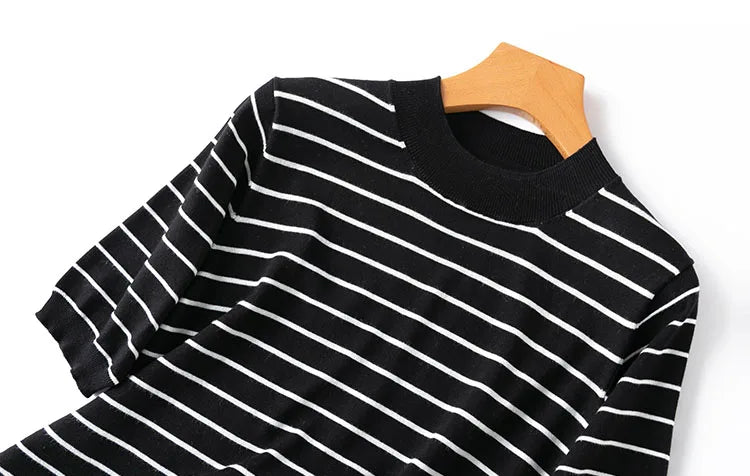 Women Knit T-Shirt 70% Mulberrry Silk 30% Cotton Round Neck Stripes Short Sleeve Sweater Pullover Top Shirt L XL XXL LY040