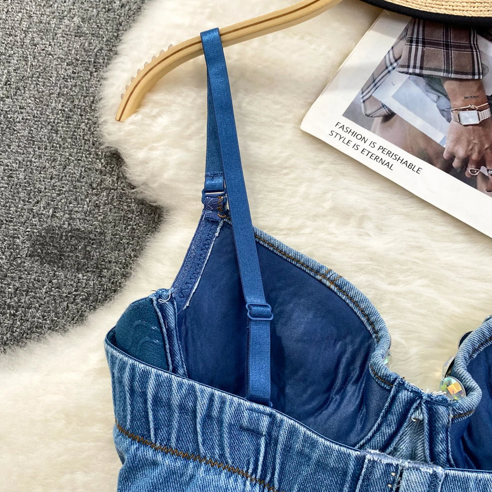 Women Summer Denim Camisole Corset Top Build In Bra Crystal Diamonds Pearl Luxury Jeans Tops High Street Club Party Nightwears