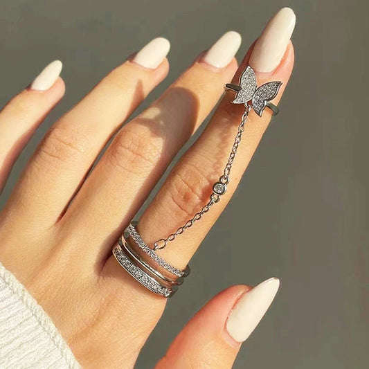 Silver Color Butterfly Ring For Women Ins Fashion Micro Inlaid Zircon Tassel Chain Double Open Rings Finger Jewelry Gifts KDR021