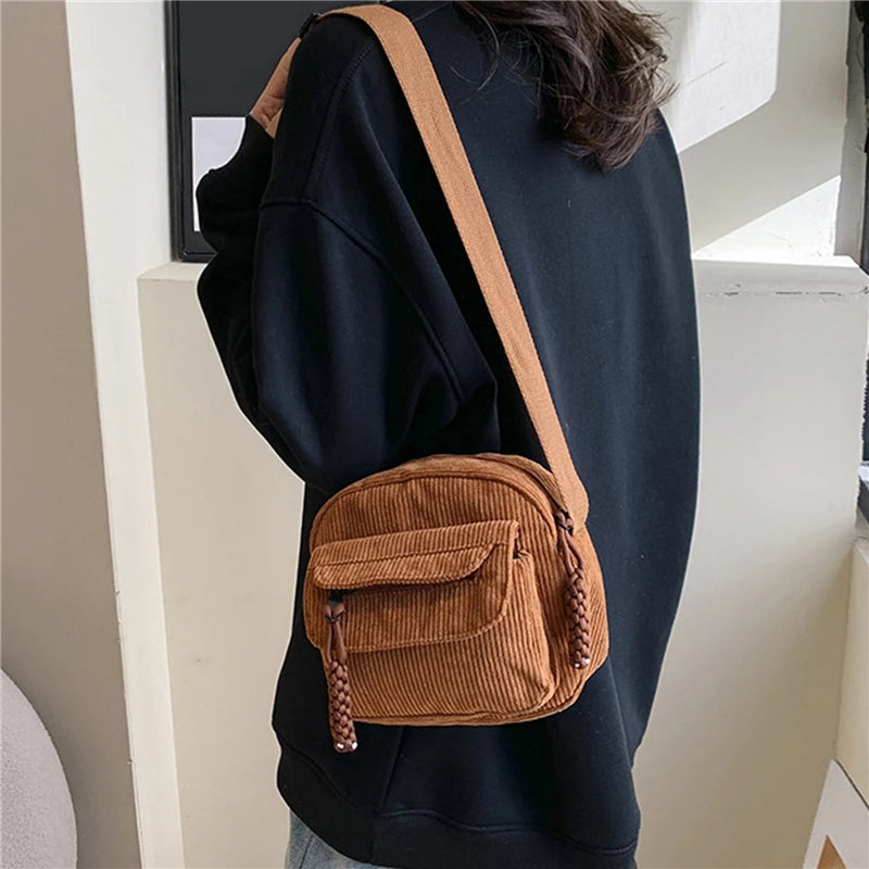 Simple Versatile Crossbody Bag Fashionable Casual Small Square Bag Personalized Commuting Shoulder Bag Corduroy Unisex Trend