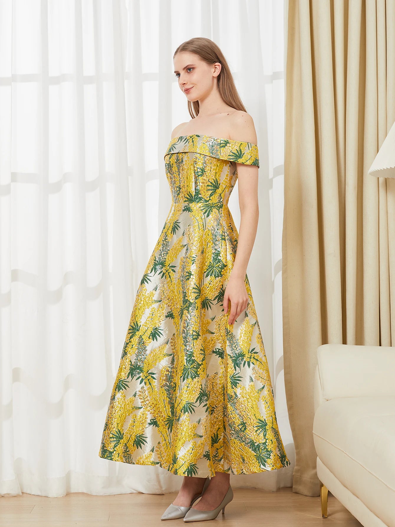 Belle Mode Abendkleid Off-Shoulder Jacquard - Maxi Lang