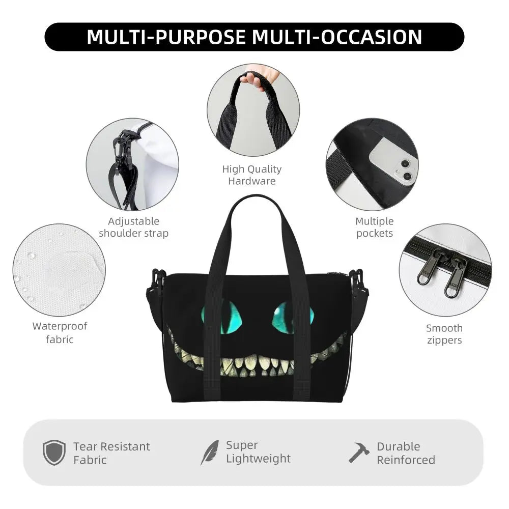 Custom Cheshire Cat Beach Tote Bag for Women We're All Mad Here Cat Big Compartment Gym Beach Travel Bags