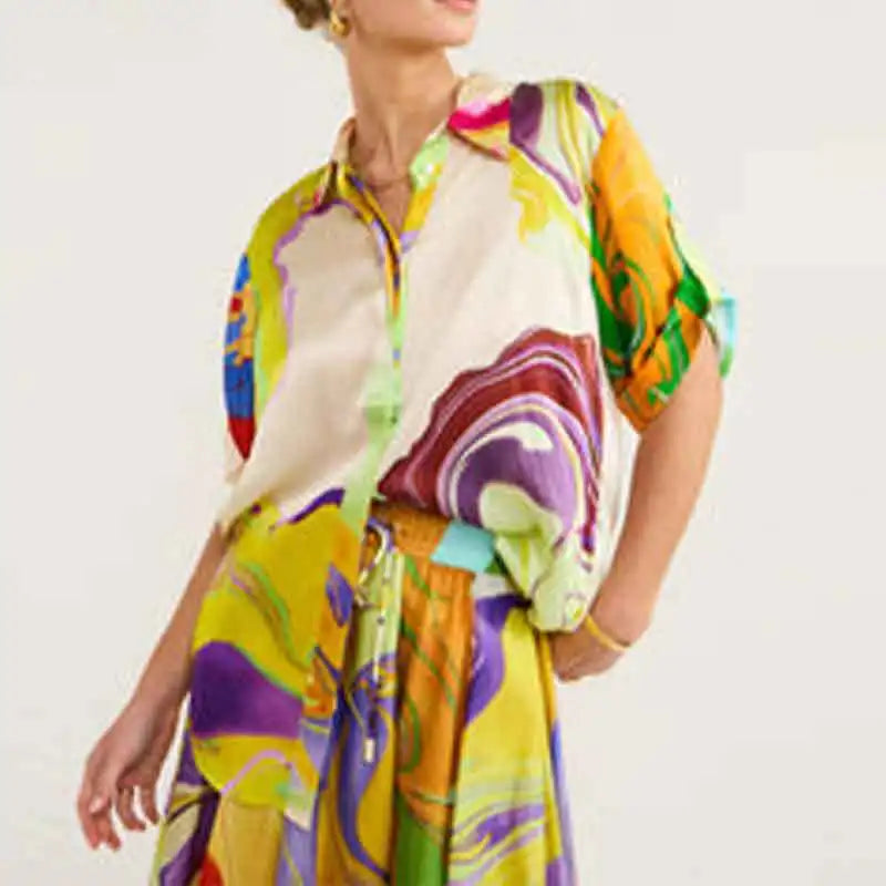 Seturi elegante de 2 piese pentru femei, vară, modă, imprimare, cămașă cu mânecă jumătate, costume casual, lejer, cu dantelă, talie înaltă, fustă, set