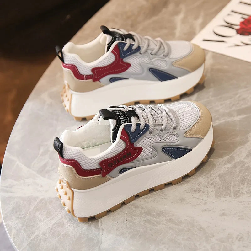 Women‘s Trendy Color-blocked Brand Design Thick-soled Sneakers 2024 Spring and autumn New  Lace-up Mesh Breathable Tennis Shoes