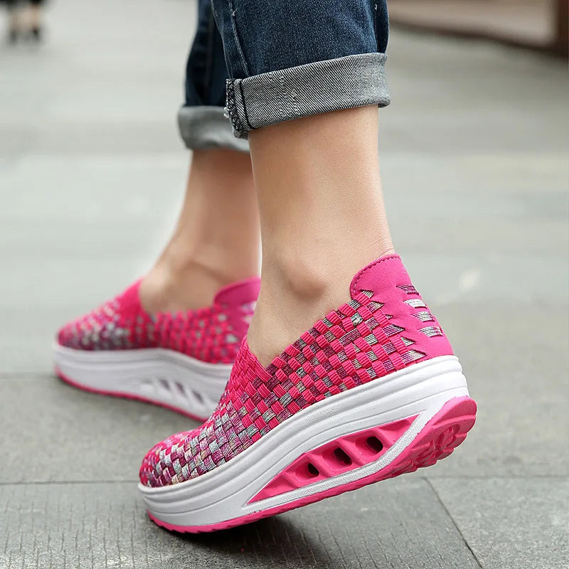 Zapatos De Mujer Sneakers Women's Mixed Color Woven Wedge Rocking Shoes Lightweight Non-slip Breathable Loafers Chaussure Femmes